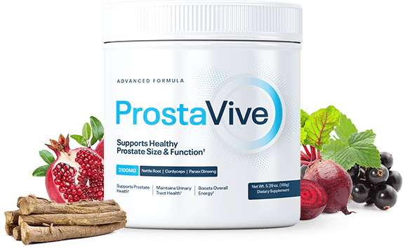 ProstaVive supplement bottle with natural ingredients illustration